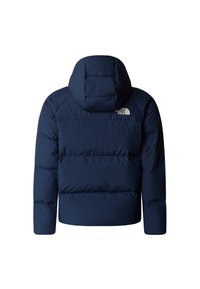 Tumesinine kapuutsiga sulejope, millel on tikitud sektsioonid, pehme tekstuur ja logo ülal seljal.