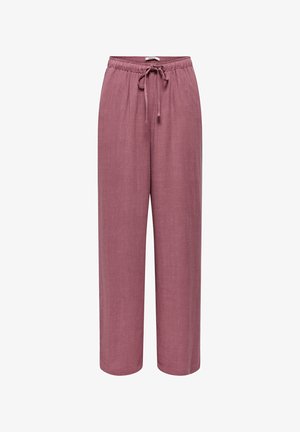 Laisvai krentančios, violetinės spalvos kelnės su raišteliu, elastinga juosmens juosta, tiesios kelnės ir tekstūruotos medžiagos apdaila.