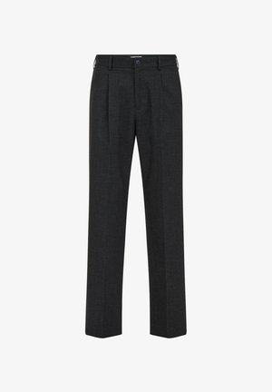 Donkergrijze op maat gemaakte broek met plooien, gemaakt van een gladde stof. Voorzien van een knoopsluiting en riemlussen. Recht gesneden pijp.