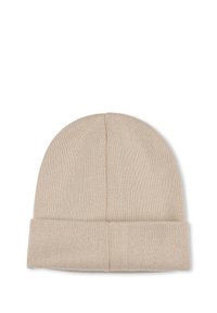 Knitted beige beanie hat with a fold-over cuff, featuring a smooth texture and seamless crown for a snug fit.