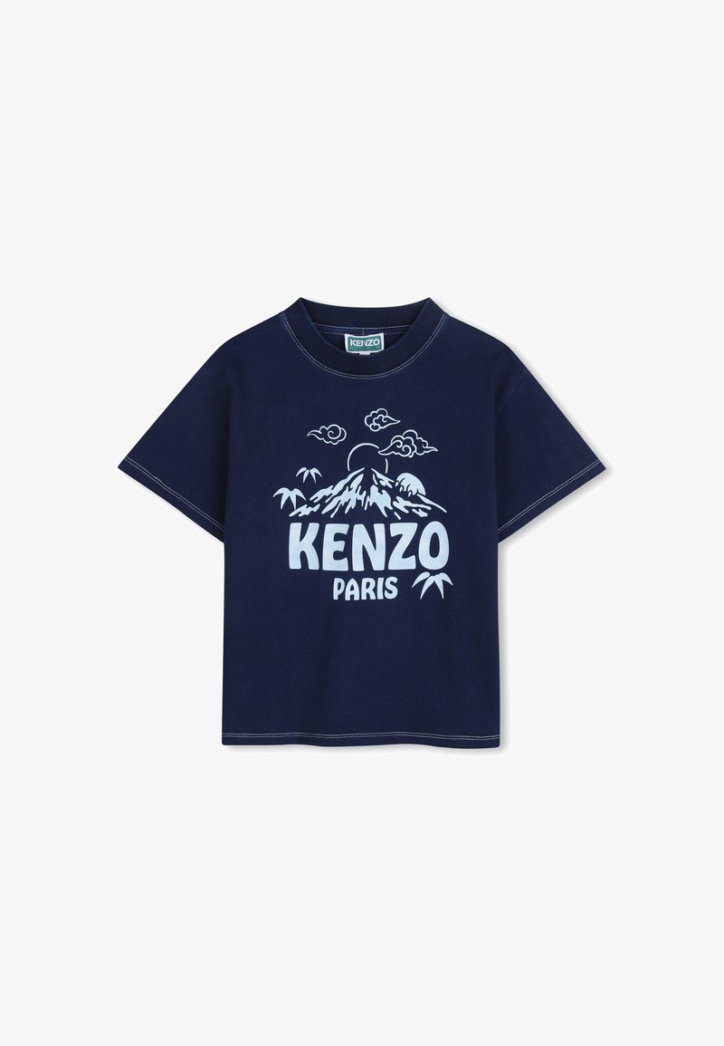 Donkerblauw katoenen T-shirt met een witte grafische print van een berg, wolken en de tekst "KENZO PARIS". Korte mouwen en een ronde hals.