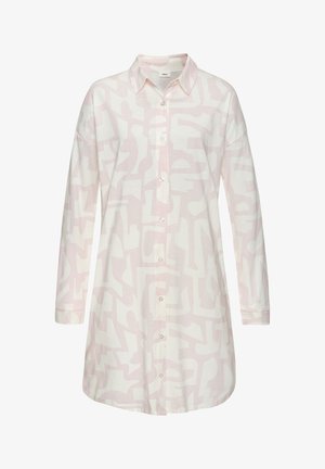Light pink button-up shirt with a graphic white pattern, long sleeves, spread collar, and curved hemline. Made from soft fabric.