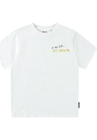 Vit bomull t-shirt med korta ärmar och rund halsringning, med texten "OM DU FALLER... - RES DIG UPP!" i svart och gult på framsidan.