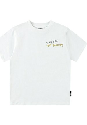 T-shirt in cotone bianco con maniche corte e colletto rotondo, con il testo "SE CADI... - RIALZATI!" in nero e giallo sulla parte anteriore.