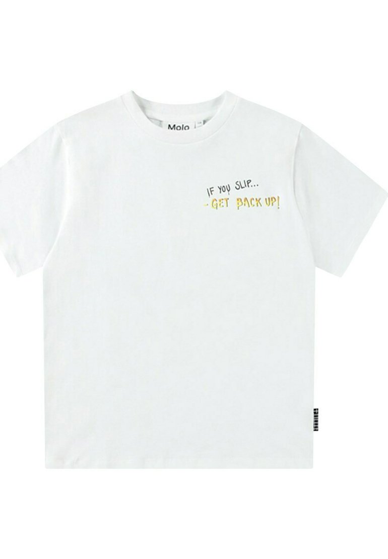Vit bomull t-shirt med korta ärmar och rund halsringning, med texten "OM DU FALLER... - RES DIG UPP!" i svart och gult på framsidan.