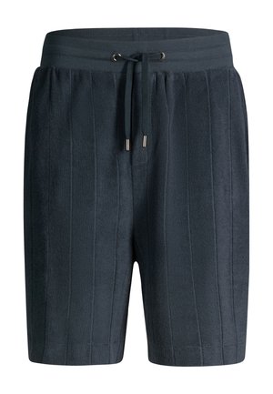Pantaloncini di spugna grigio scuro a righe verticali, con vita elastica a costine e coulisse regolabile con punte in metallo.