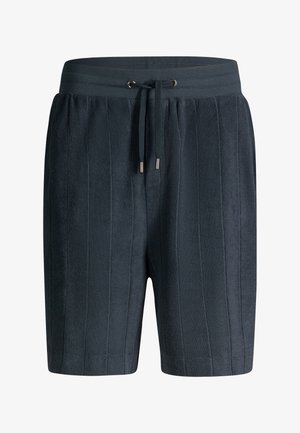 Donkergrijze badstof shorts met verticale strepen, geribbelde elastische tailleband en verstelbaar trekkoord met metalen uiteinden.