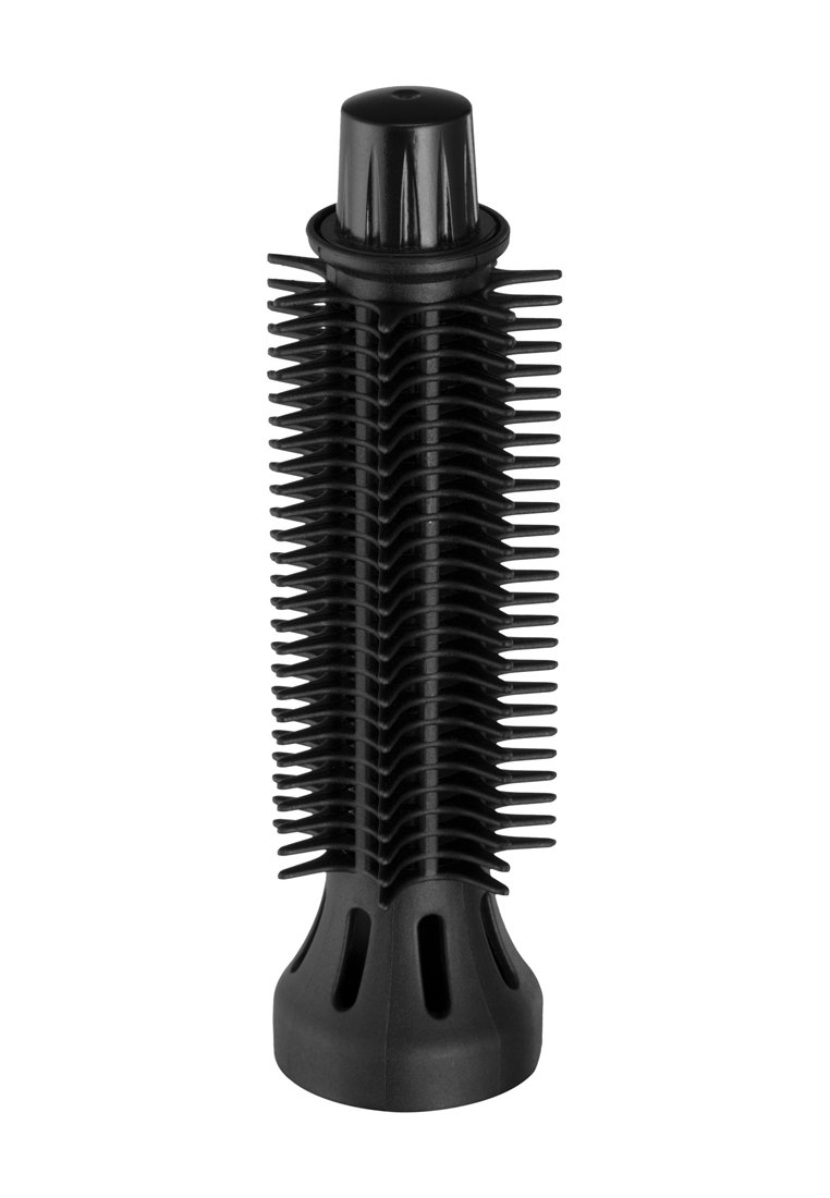 Schwarze zylindrische Haarkamm-Bürste mit gleichmäßig verteilten Kunststoffborsten und einem belüfteten Boden.