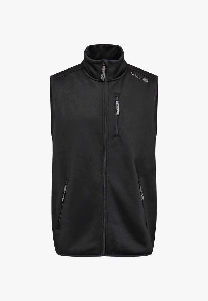 Sort ærmeløs vest med høj krave, lynlåslukning foran og to forlommer, fremstillet af blødt stof med subtile syninger.