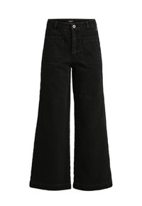 Zwarte rechte jeanstype met een hoge taille, gemaakt van denim, met twee voortassen en twee achtertassen. Rechte snit met een rafelig zoom.