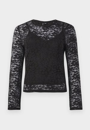 Top in pizzo nero a maniche lunghe con motivo floreale, texture semi-trasparente, scollatura rotonda e taglio dritto all'orlo. Tessuto leggero.