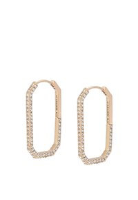 Boucles d'oreilles créoles en ton or avec un design géométrique, ornées de petits cristaux transparents le long des bords, dotées d'un mécanisme de fermoir sécurisé.