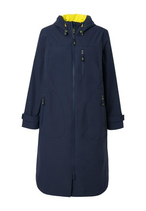 Navy waterproof long coat with a yellow-lined hood, front zipper, two large front pockets, and roll-up sleeves with button accents.