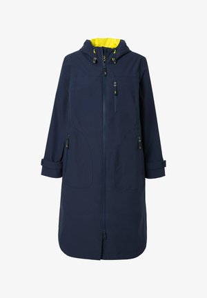 Merihenkinen vedenpitävä pitkä takki, jossa on keltainen vuorillinen huppu, etuvetoketju, kaksi suurta etutaskua ja kääntöhihoja, joissa on napin yksityiskohdat.