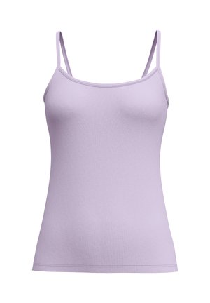Lilac tank top with adjustable spaghetti straps, made from a soft, smooth fabric. Simple design, fitted shape, and no patterns or embellishments.