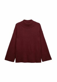 Burgundowa dzianinowa sweter z wysokim, prążkowanym kołnierzem, szerokimi rękawami i teksturowanym dolnym brzegiem, charakteryzujący się luźnym, pudełkowym krojem.