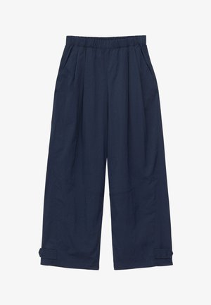 Navy blue wide-leg pants with elastic waistband, side pockets, and adjustable strap details at the hems.