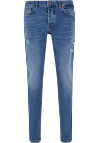 Modri jeans z ozkim krojem, ki imajo svetle poškodbe spredaj, standardno zasnovo s petimi žepi in kontrastne šive.