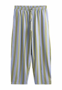 Light blue striped pants featuring green and yellow vertical lines, made of soft fabric with an elastic waistband and drawstring.