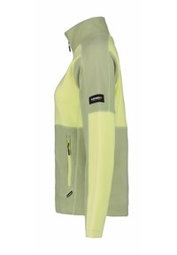 Chaqueta de forro polar en verde claro y amarillo. Cuenta con un cuello alto, bolsillo con cremallera y logo en la manga. Textura suave, diseño deportivo.