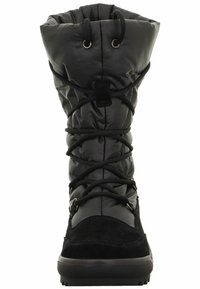 Botín negro acolchado con acentos de ante, parte delantera con cordones y suela de goma. Presenta elasticidad en la parte superior para un ajuste ajustable y durabilidad.