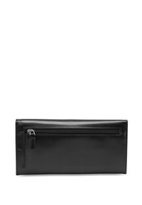 Black leather wallet with a smooth texture, rectangular shape, and a zippered pocket on the front. Minimalist design, no additional embellishments.
