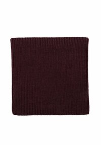 Sciarpa lavorata a maglia bordeaux, forma rettangolare, texture a coste, tessuto morbido, senza motivi visibili o dettagli in metallo.