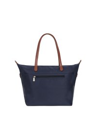 Borsa a tracolla blu marina realizzata in nylon con accenti in pelle marrone. Presenta due manici e una tasca frontale con zip. Texture liscia e forma rettangolare.