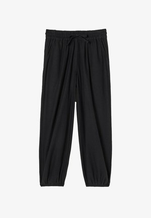 Schwarze Freizeithose mit elastischem Bund, Kordelzug, Seitentaschen und elastischen Bündchen, flach auf weißem Hintergrund gezeigt.