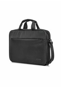 Czarna torba na laptopa wykonana z wytrzymałego materiału, wyposażona w dwa uchwyty, pasek na ramię, przednią kieszeń na zamek oraz elegancki, prostokątny kształt.