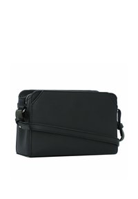 Schwarze Leder-Umhängetasche mit rechteckiger Form, Reißverschluss und verstellbarem Tragegurt. Glatte Textur mit minimalistischem Design.