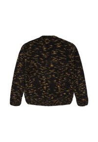 Czarny i złoty sweter dziergany na drutach, z teksturowanym wzorem, długimi rękawami i prążkowanym wykończeniem na dole. Widok z tyłu, bez widocznych zapięć.