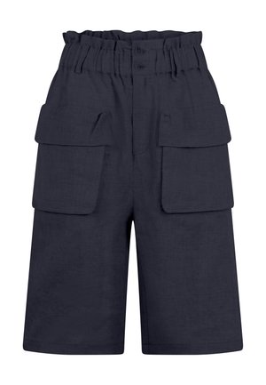 Pantaloncini cargo blu navy lunghezza al ginocchio con vita elastica, due tasche frontali con pattina e chiusura con bottoni.