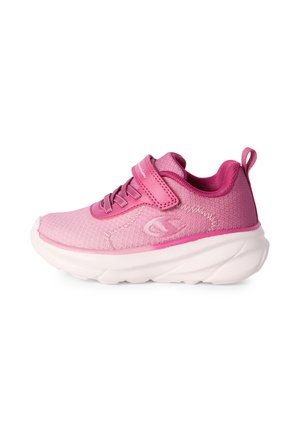 Pinkfarbener Kindersneaker mit Mesh-Gewebe, Klettverschluss, elastischen Schnürsenkeln, gepolsterter weißer Sohle und Zuglasche an der Ferse.