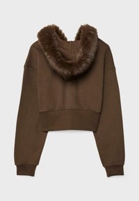 Bruine cropped hoodie met een faux fur-voering in de capuchon, met lange mouwen, ribgebreide boorden en een eenvoudige, gladde stoftextuur.