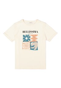 Camiseta de algodón color crema con un atrevido estampado gráfico que presenta formas en azul, naranja y beige, y el texto "BELLISSIMA" en negro. Diseño de cuello redondo.