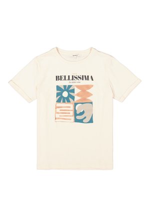 Camiseta de algodón color crema con un atrevido estampado gráfico que presenta formas en azul, naranja y beige, y el texto "BELLISSIMA" en negro. Diseño de cuello redondo.