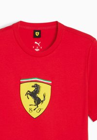 Tricou roșu cu un scut galben purtând un logo cu un cal negru care se ridică, împreună cu dungi verzi, albe și roșii în partea de sus.