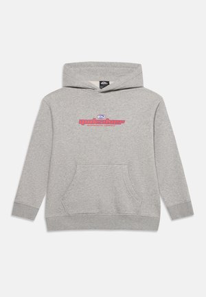 Sweat à capuche gris clair avec poche kangourou et logo Quiksilver rouge avec texte sur la poitrine.
