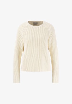 Elefántcsont színű kötött pulóver bordás textúrával, kerek nyakkivágással és hosszú ujjakkal. Egyszerű dizájn, látható minták vagy hardver részletek nélkül.