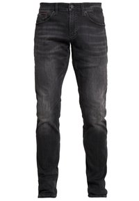 Mörkgrå raka jeans i denim med en lätt blekning, fem fickor och knappstängning i metall.