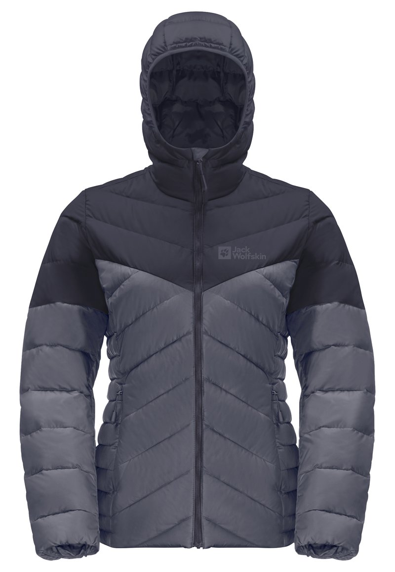 Donkergrijze en zwarte gewatteerde winterjas met capuchon, voorrits en zijzakken, met een chevron-stiksel en elastische manchetten.