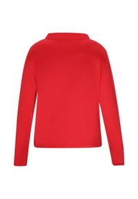 Rode langekoeper polo met een kraag en een rechte zoom. Gemaakt van soepele stof, met een minimalistisch ontwerp en geen zichtbare patronen.