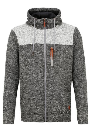 Siva zip-up kapuca s svetlosivim zgornjim delom, teksturirano blago, nastavljiva kapuca z vrvico in rjavimi detajli na zadrgi.