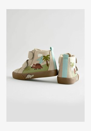 Beżowe, kanvasowe buty typu high-top z grafikami dinozaura i palm. Brązowe podeszwie z gumy, z rzepami i jasnoniebieskim akcentem na pięcie.