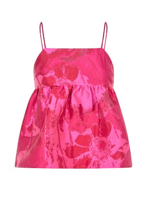 Pink sleeveless top with thin straps, featuring a shiny floral pattern and a gathered, flared waistline.