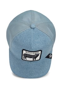 Light blue denim baseball cap with mesh panels, featuring a black sheep graphic patch labeled "BLACK SHEEP" and a small black logo tag.