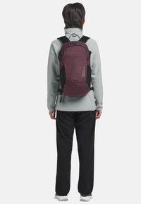 Personne portant une veste en polaire gris clair et un pantalon noir avec un sac à dos maroon Jack Wolfskin, se tenant de dos sur un fond blanc.