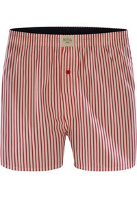 Röda och vita randiga kalsonger i mjukt tyg, med elastisk midja och en liten knappdetalj framtill.