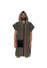 Farbenfrohes Kapuzenponcho mit geometrischem Muster, kurzen Ärmeln und einer Fronttasche mit Knopfverschluss. Hergestellt aus strukturiertem Stoff.